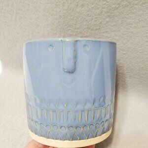 Ceramic Plant Pot, Blue Glaze, Face Shape, Whimsical Eclectic Coastal Boho Decor